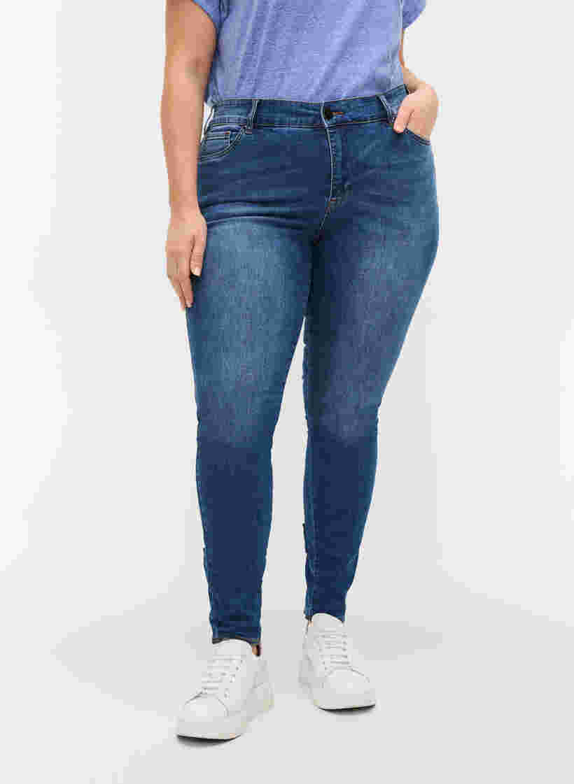 Super slim Amy jeans med sløjfe og lynlås, Dark blue, Model image number 3