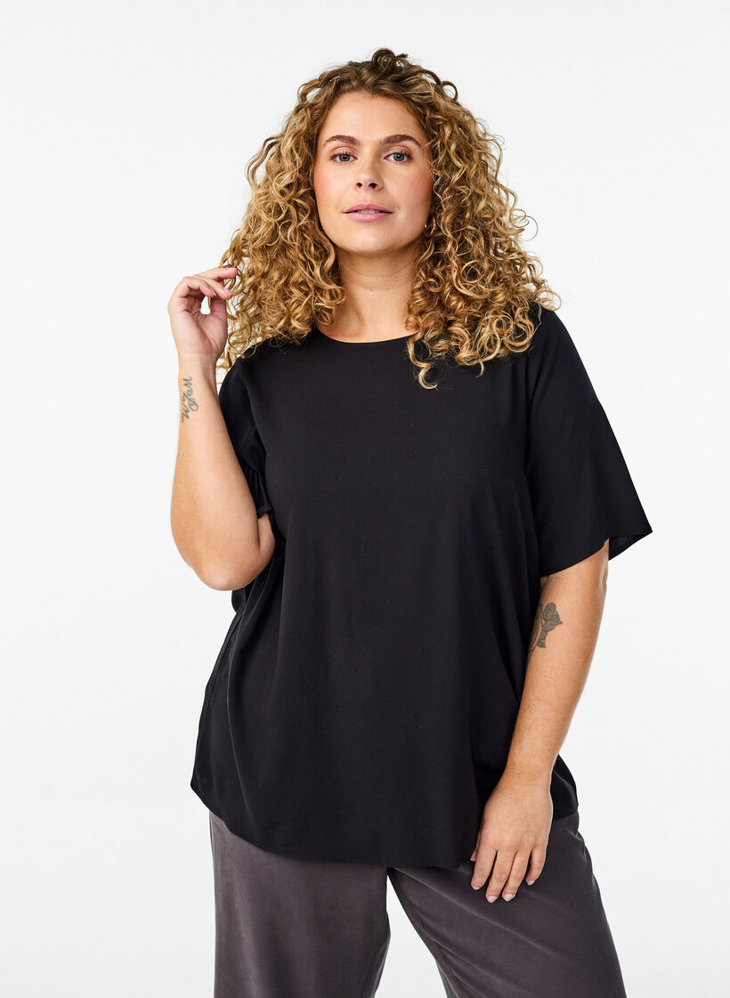 Kort&aelig;rmet v&aelig;vet bluse med rund hals, Sort, Model image number 0