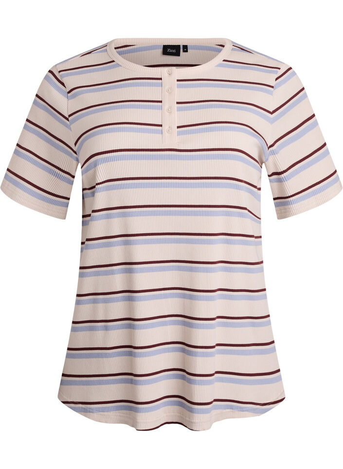 Rib T-shirt med striber og knapdetalje, Lilla, Packshot image number 0