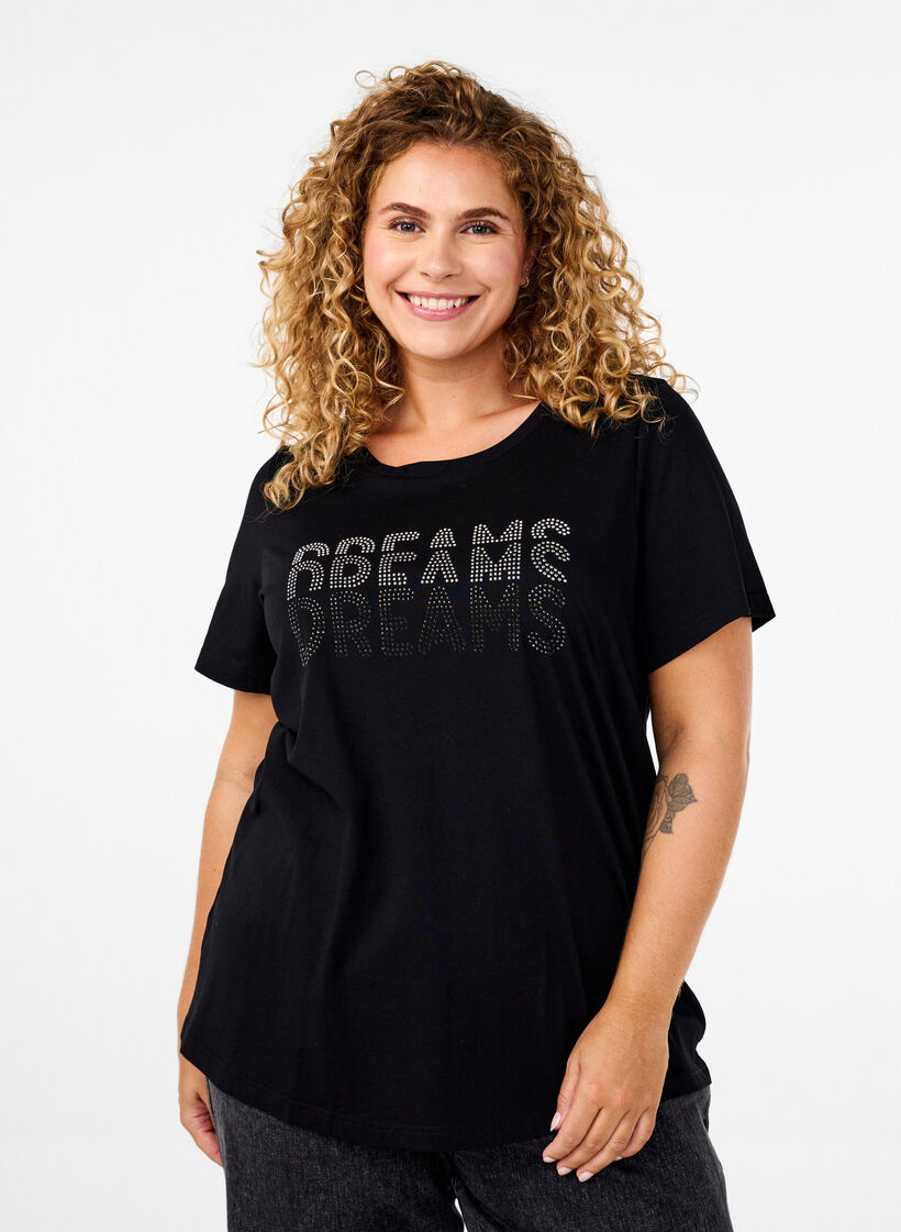 Bomulds t-shirt med rhinesten motiv, Black w. Dream, Model image number 0