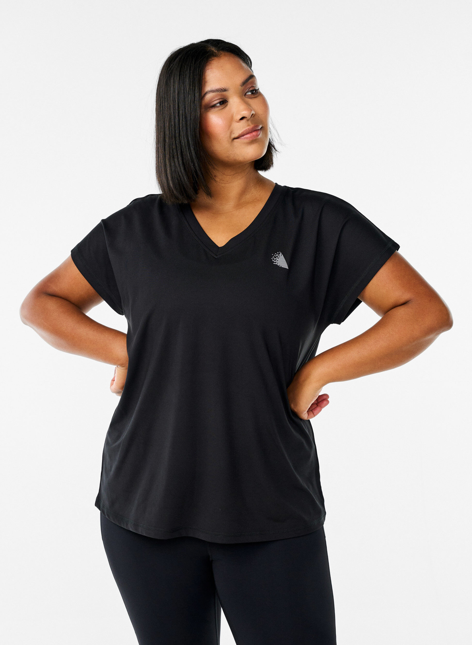 L&oslash;s tr&aelig;nings t-shirt med v-hals, Sort, Model