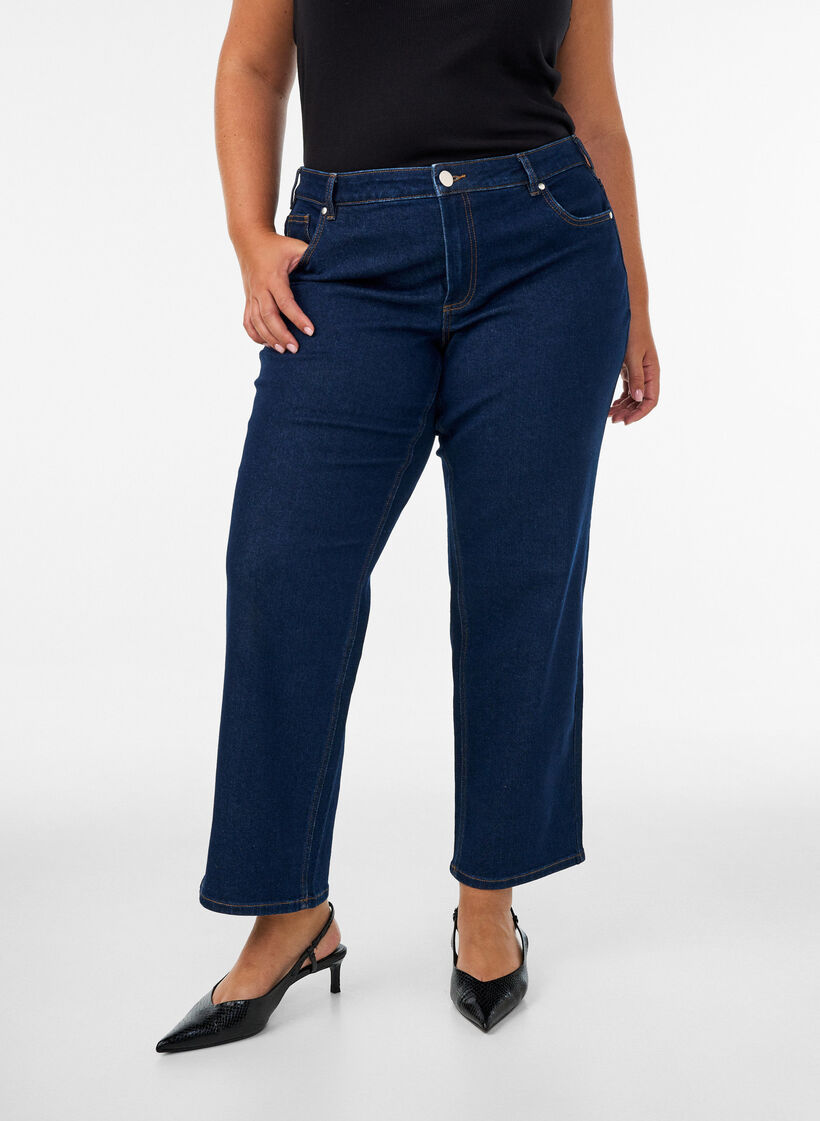 Cropped straight fit jeans med regul&aelig;r talje, Bl&aring;, Model image number 2