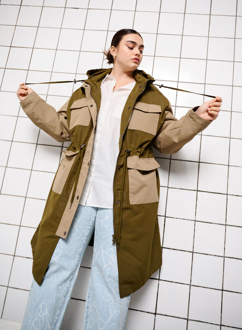 Kontrastfarvet jakke med lommer, Dark Olive Comb., Image