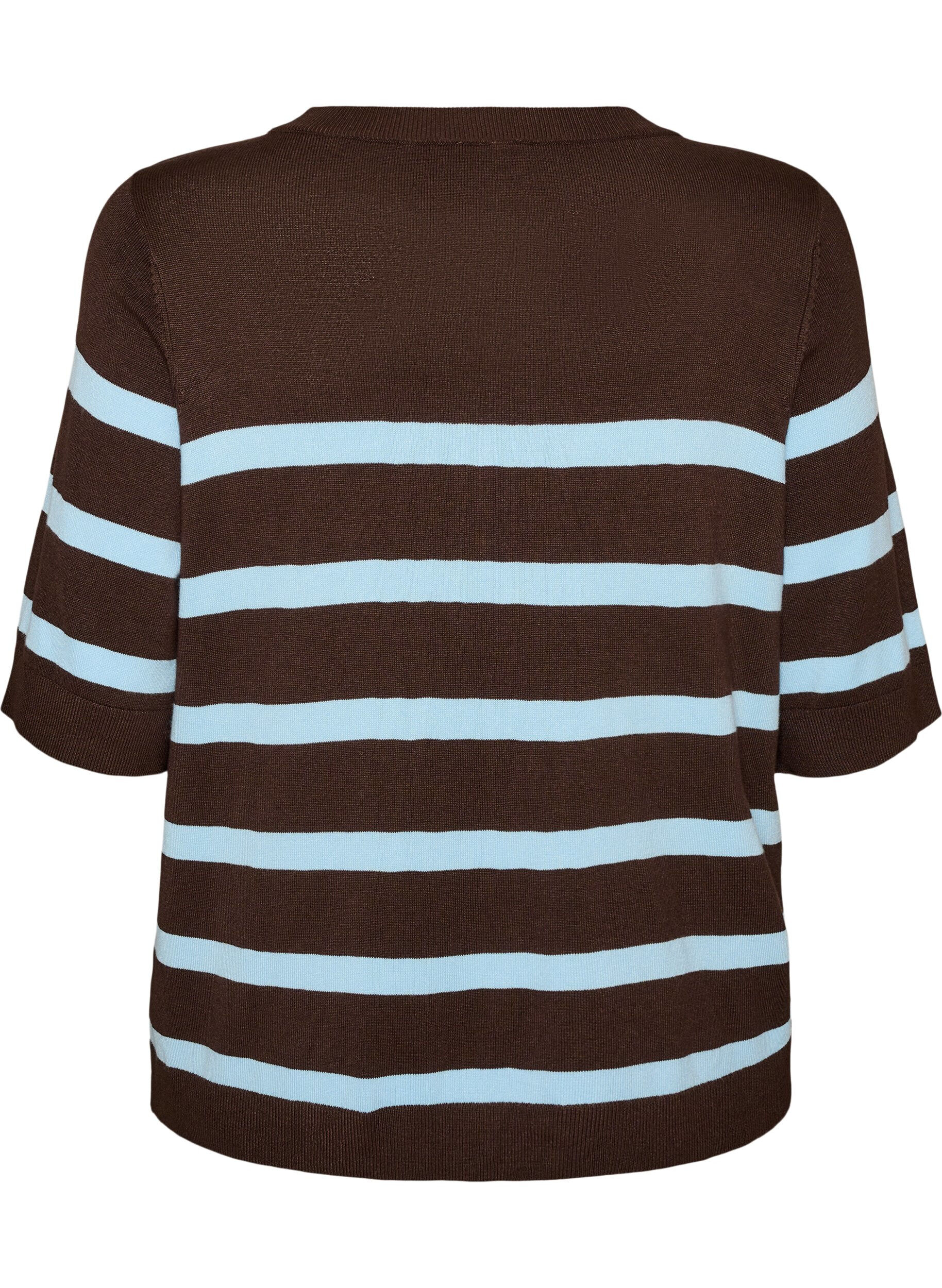 ZizziStribet strikbluse med korte &aelig;rmer, Brun, Packshot image number 1