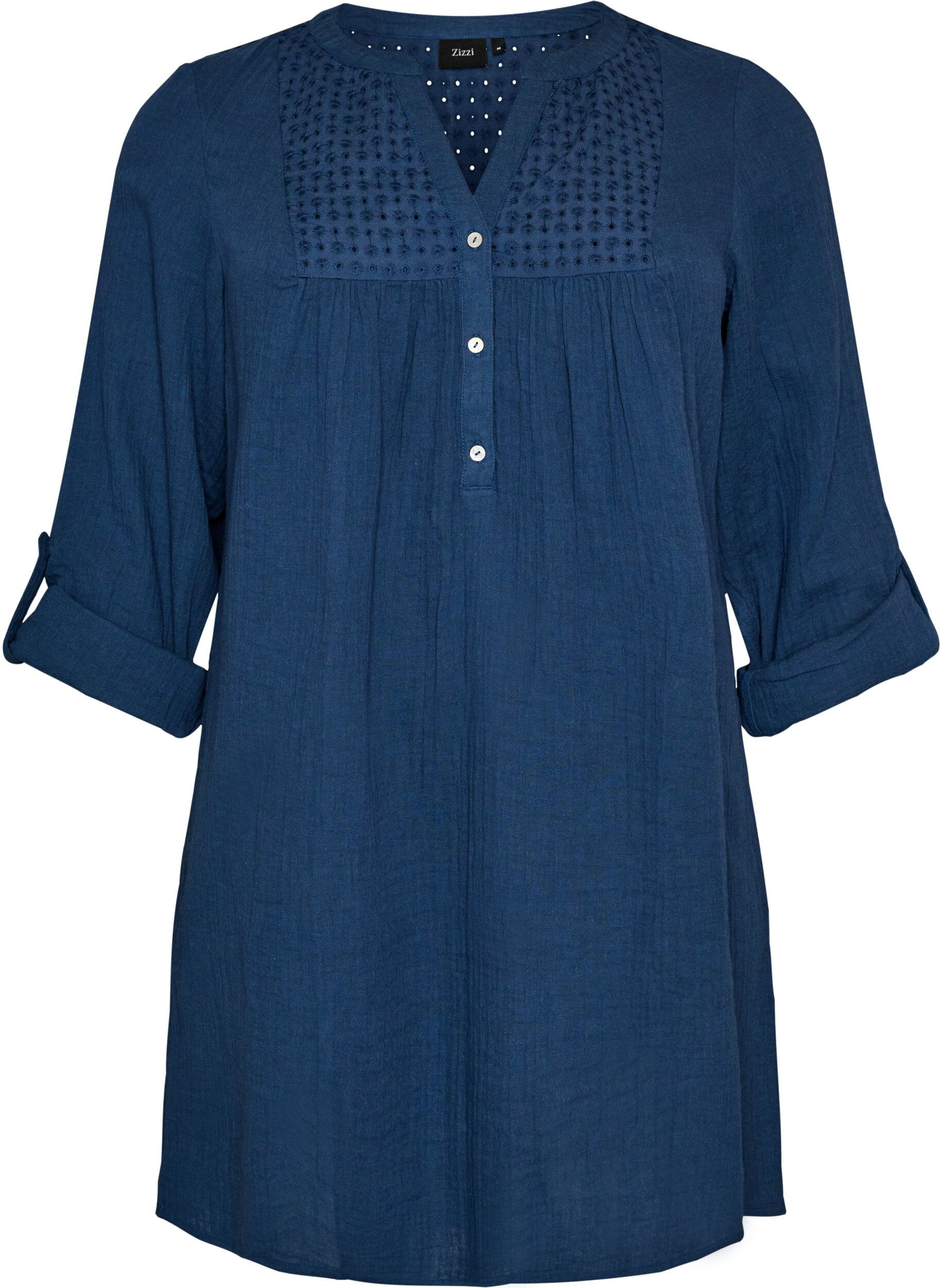ZizziTunika i bomuldsmusselin med broderi anglaise, Bl&aring;, Packshot image number 0