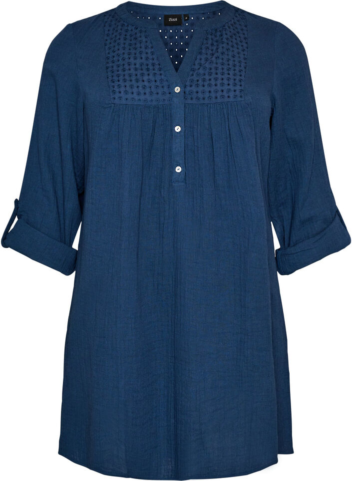 Tunika i bomuldsmusselin med broderi anglaise, Bl&aring;, Packshot image number 0