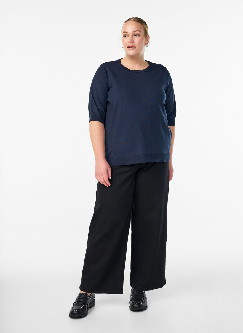 Finstrikket bluse med korte &aelig;rmer, Bl&aring;, Model image number 1