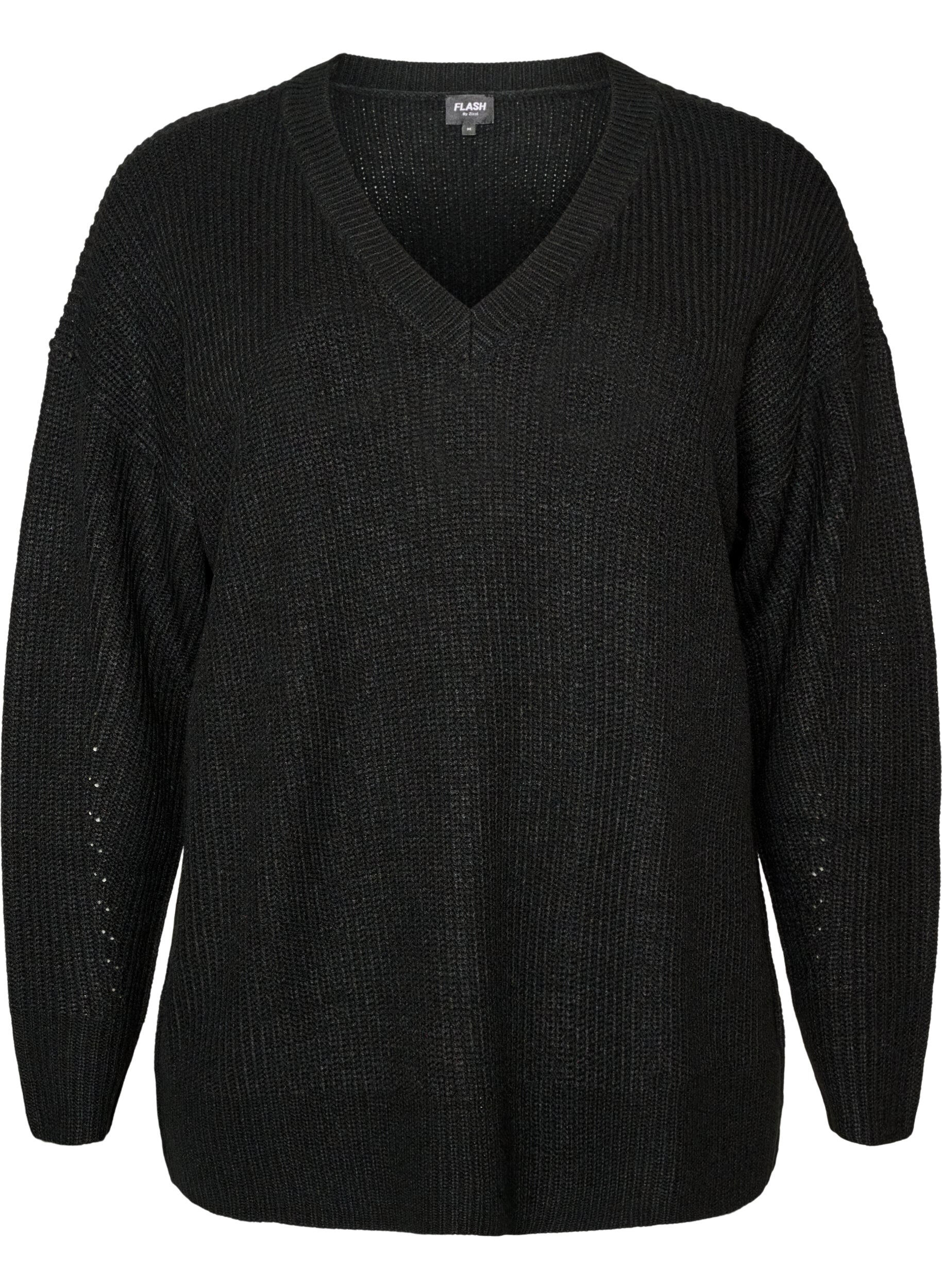 ZizziLang ribstrikket bluse med V-hals, Sort, Packshot image number 0