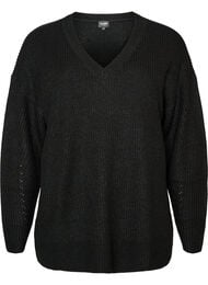 Lang ribstrikket bluse med V-hals, Sort