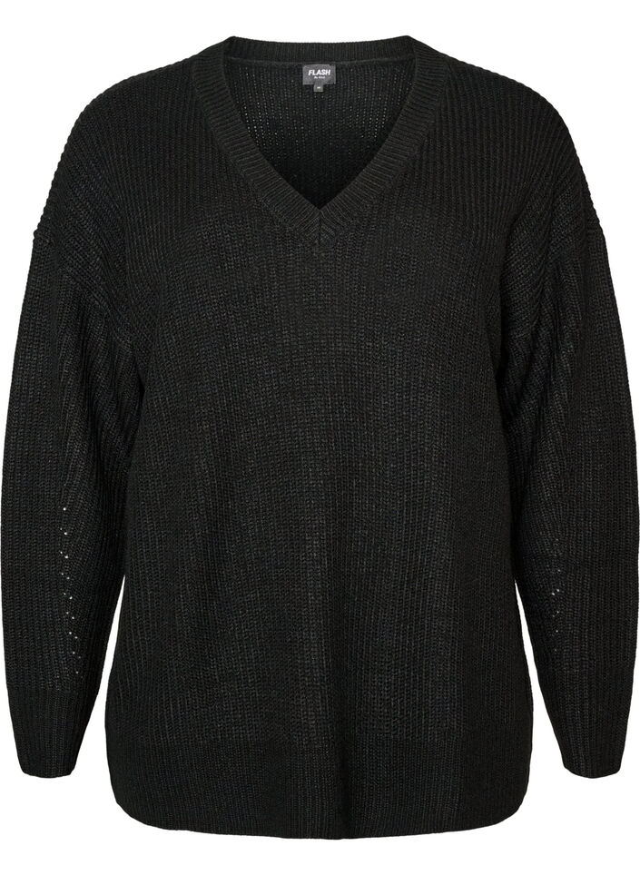Lang ribstrikket bluse med V-hals, Sort, Packshot image number 0