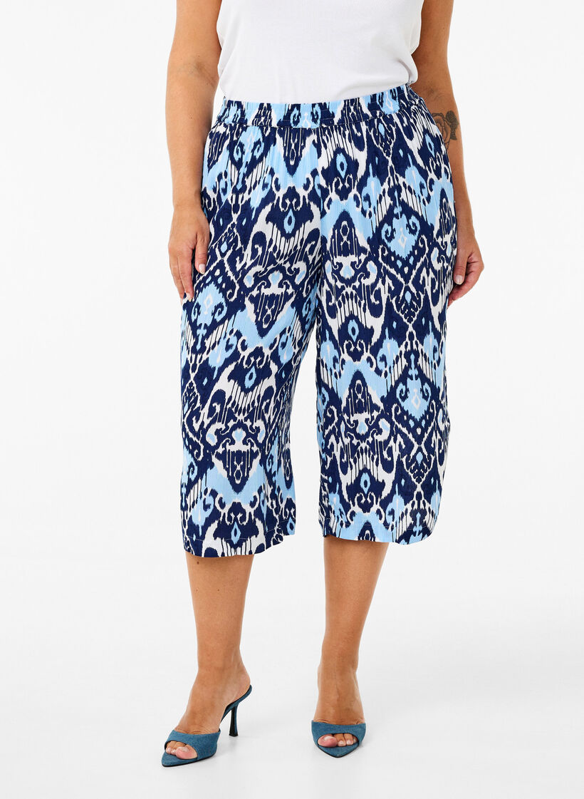 Culotte bukser i viskose med print, Blue Ethnic AOP, Model image number 2