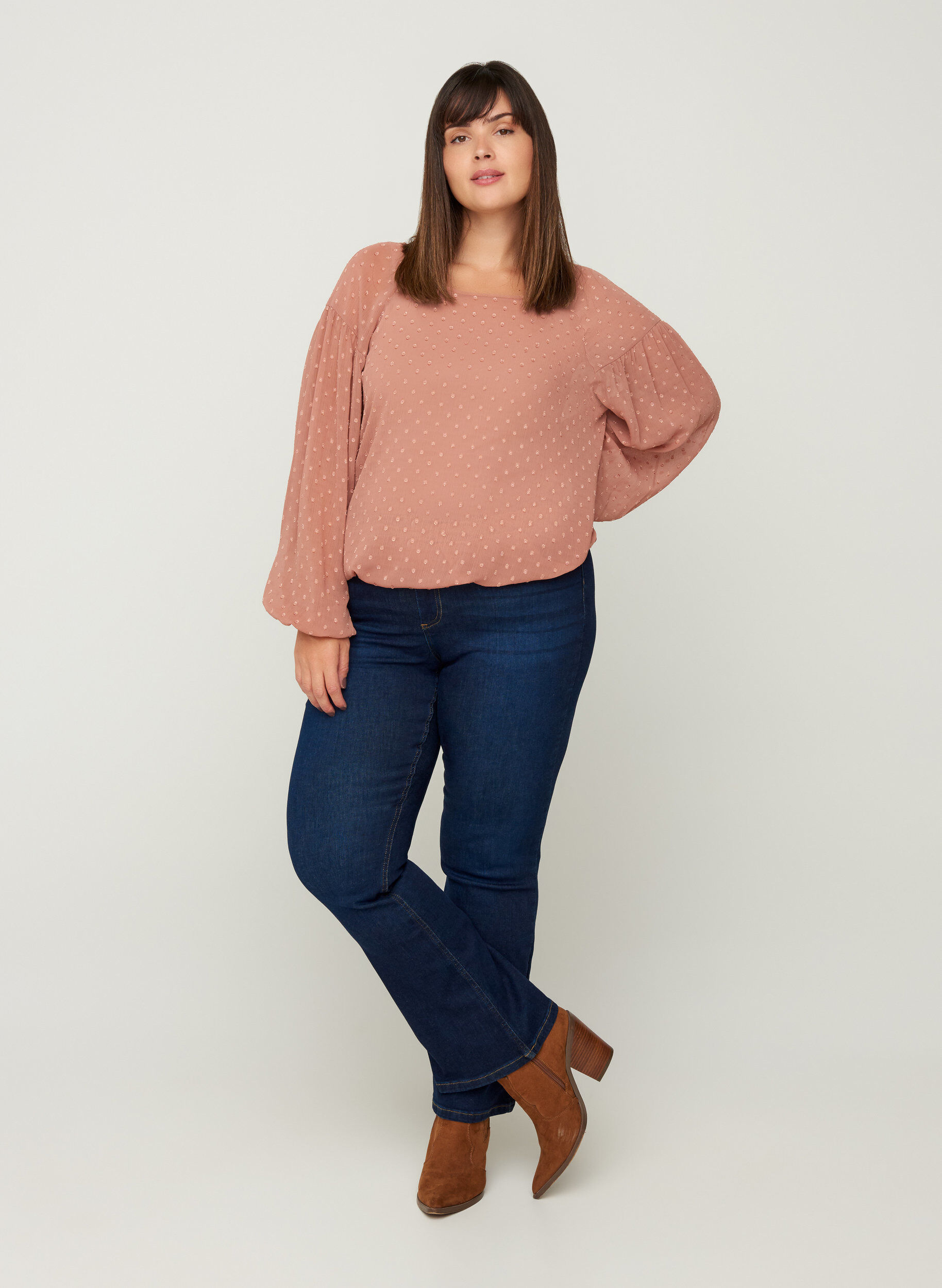 Zizzi Lang&aelig;rmet mesh bluse med smock, Burlwood, Model image number 3