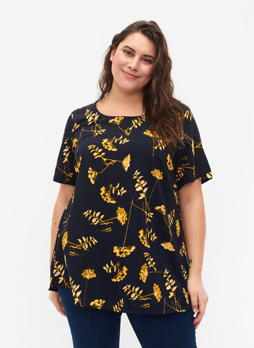 FLASH - Bluse med korte ærmer og print, Night Sky Yellow AOP, Model image number 0