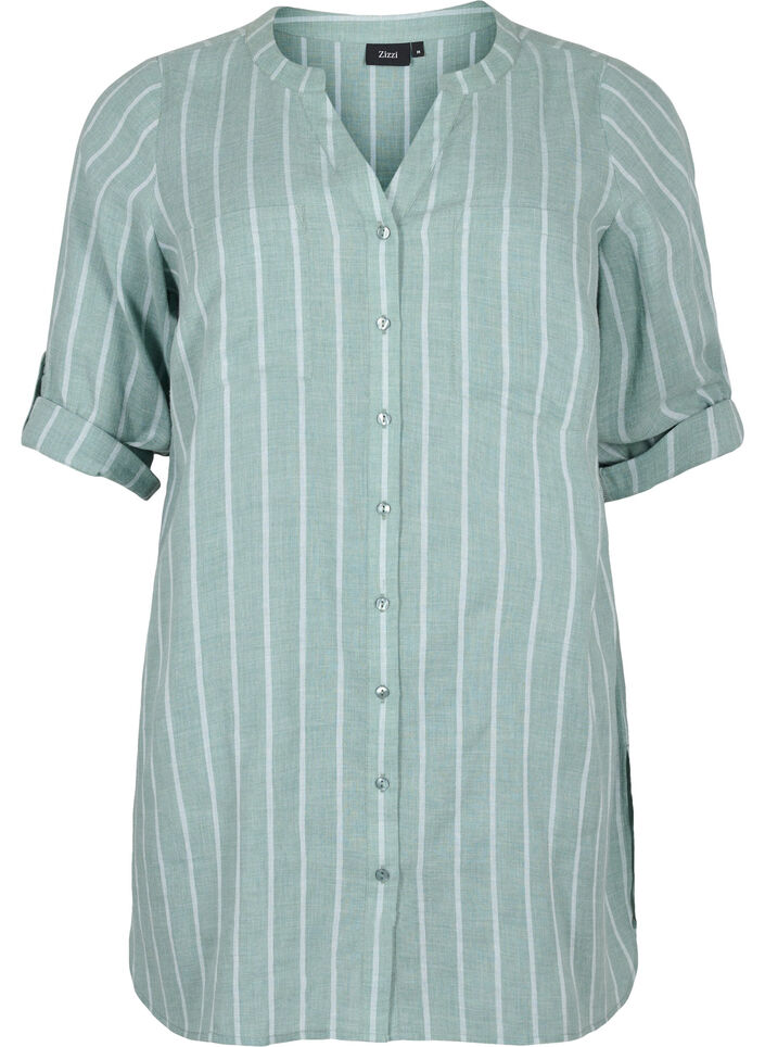 Stribet skjorte med v-udskæring, Balsam Green Stripe, Packshot image number 0
