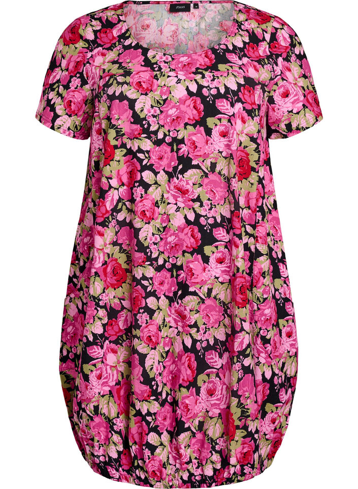 Kort&aelig;rmet bomuldskjole med print, Sort, Packshot image number 0