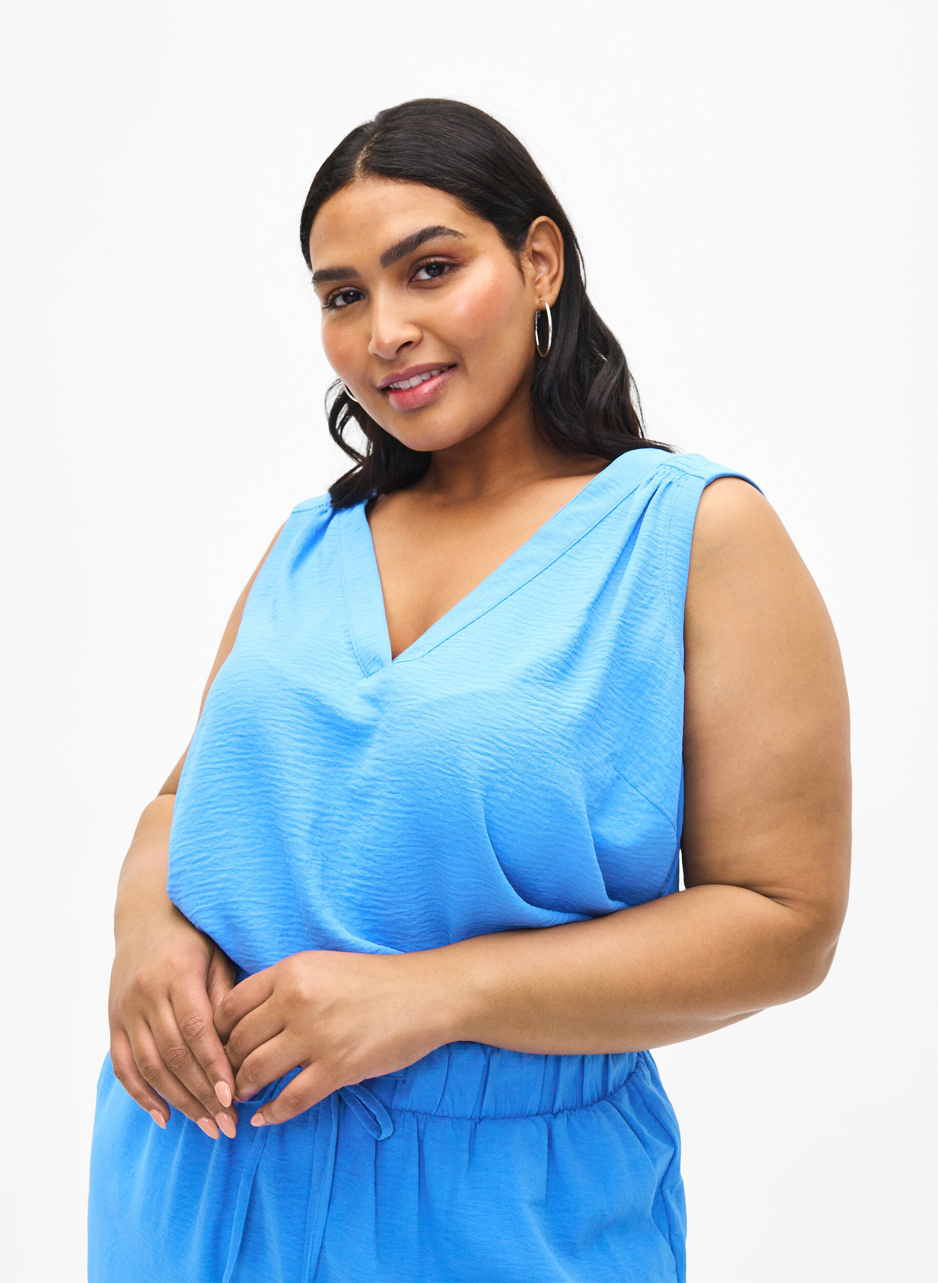 Zizzi&AElig;rmel&oslash;s top med rynkedetaljer, Bl&aring;, Model image number 0