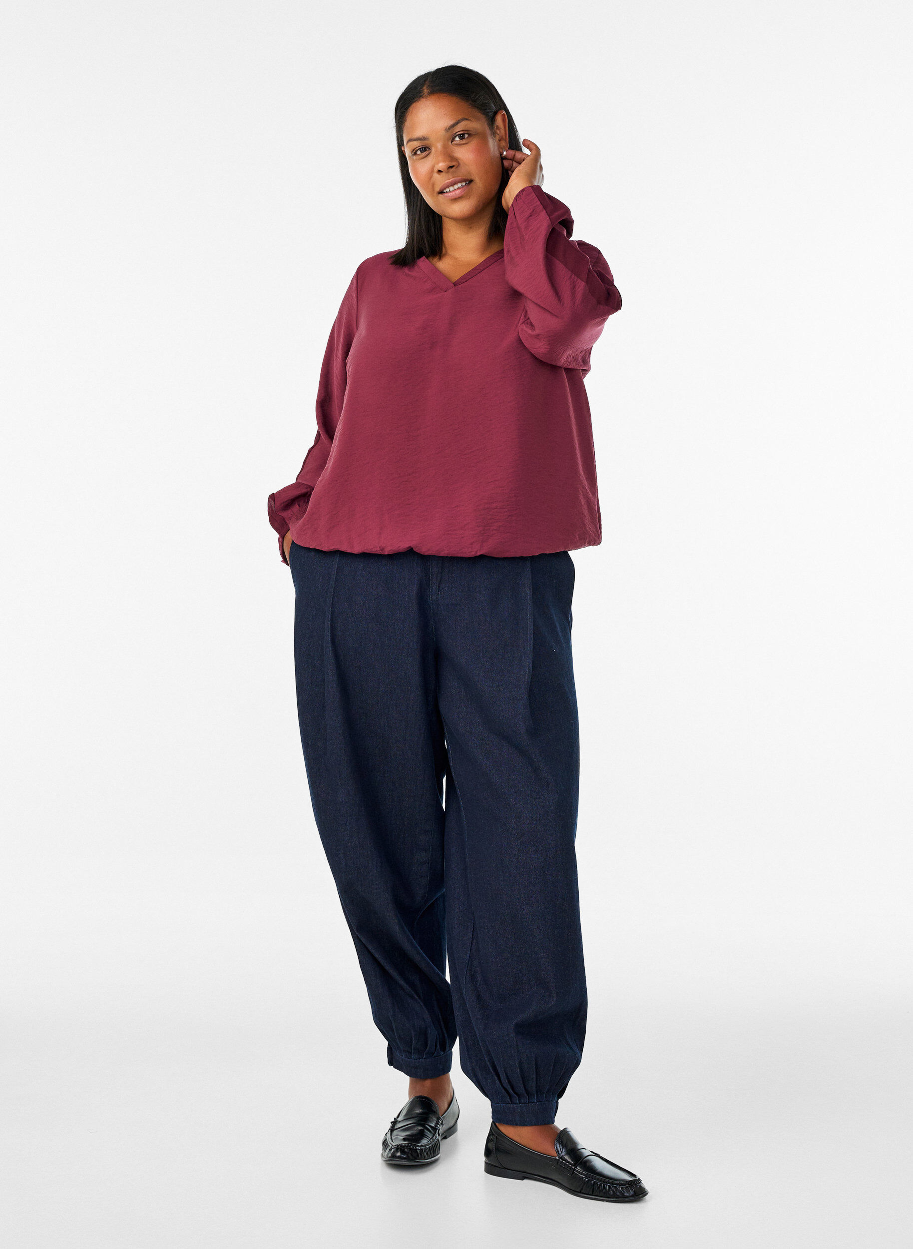 ZizziBluse med balloneffekt og chiffondetaljer, R&oslash;d, Model image number 1