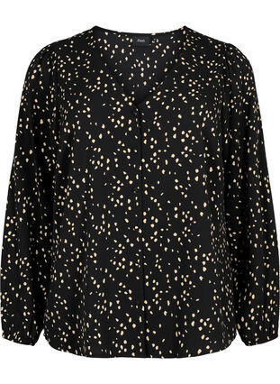 Skjortebluse med v-hals og print, Black Dot AOP, Packshot image number 0