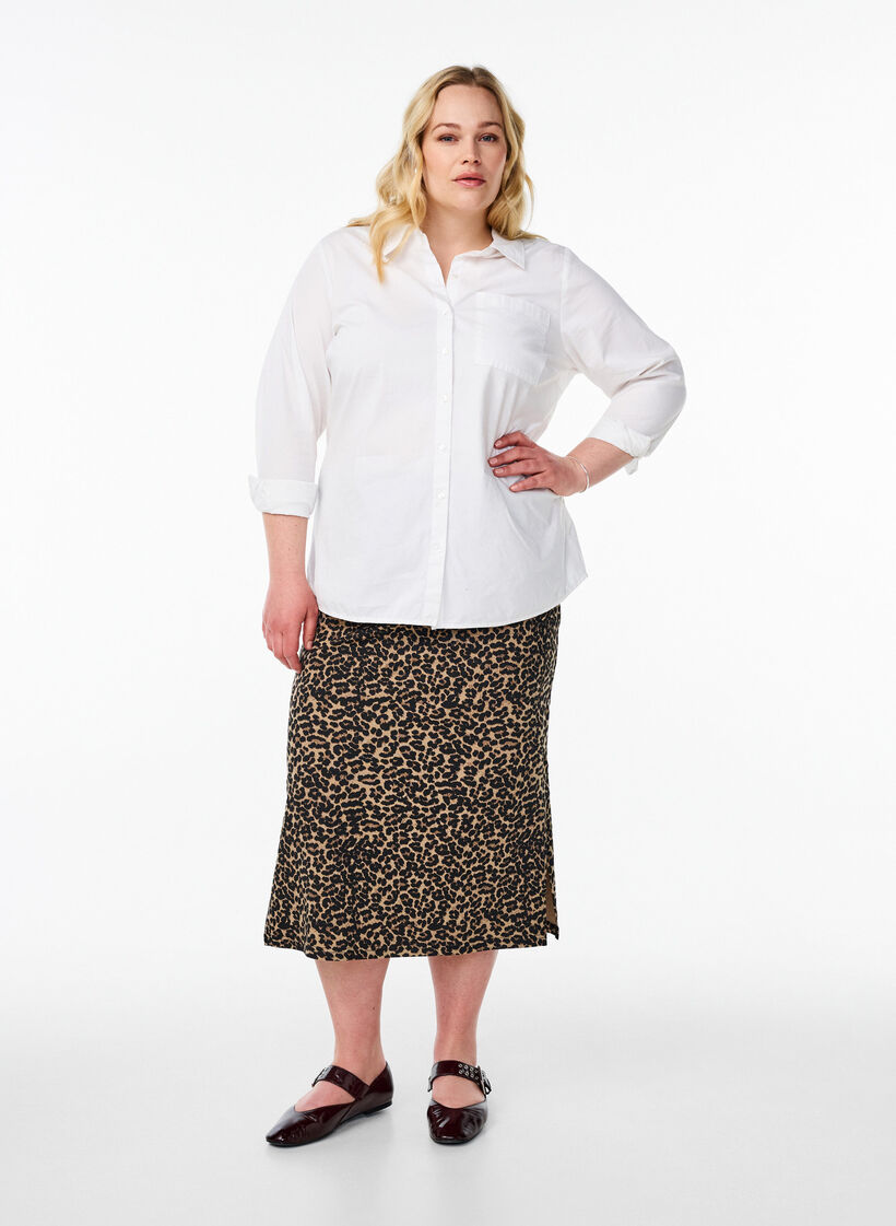 Midinederdel med slids og leopardprint, Brun, Model image number 0