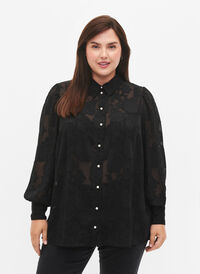 Jacquard skjorte med perleknapper, Black, Model