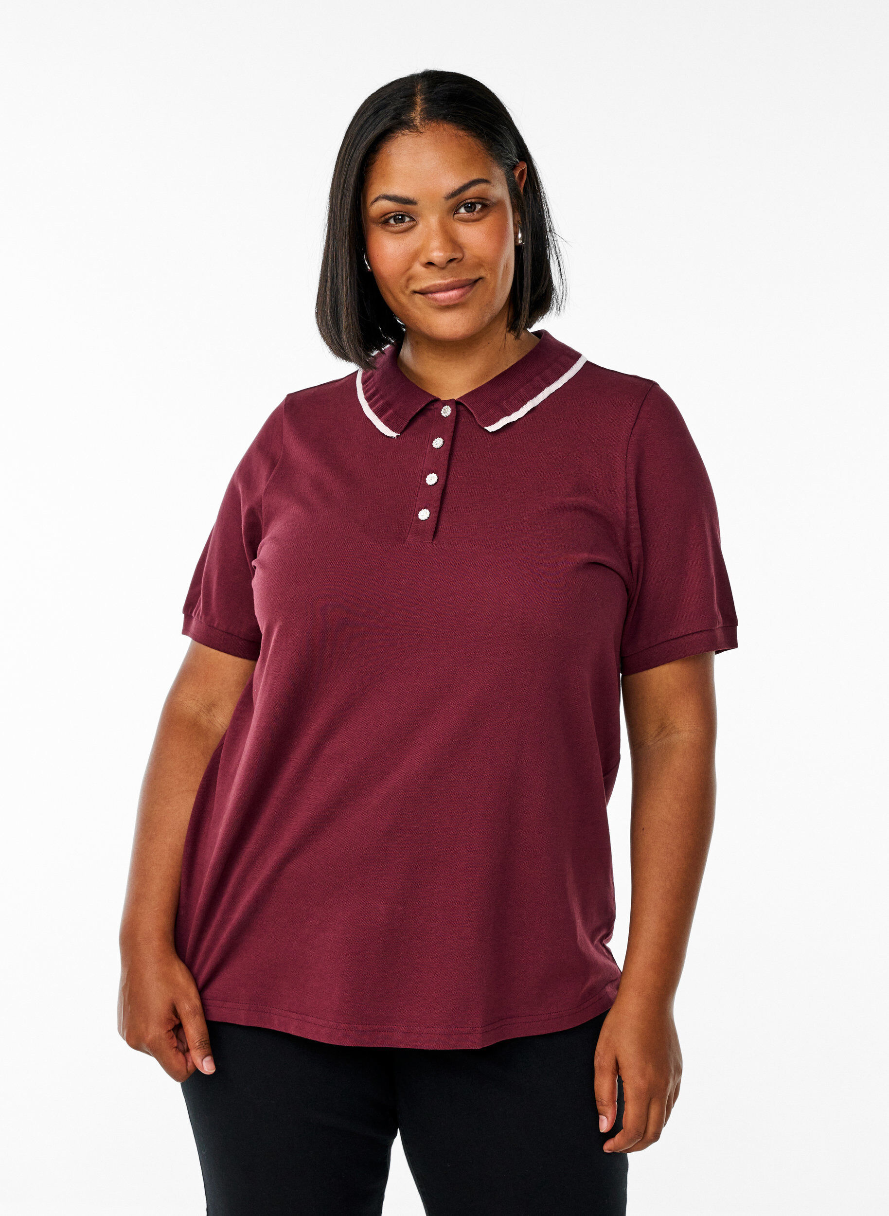 Poloshirt med rhinsten knapper og fl&aelig;sedetalje, R&oslash;d, Model