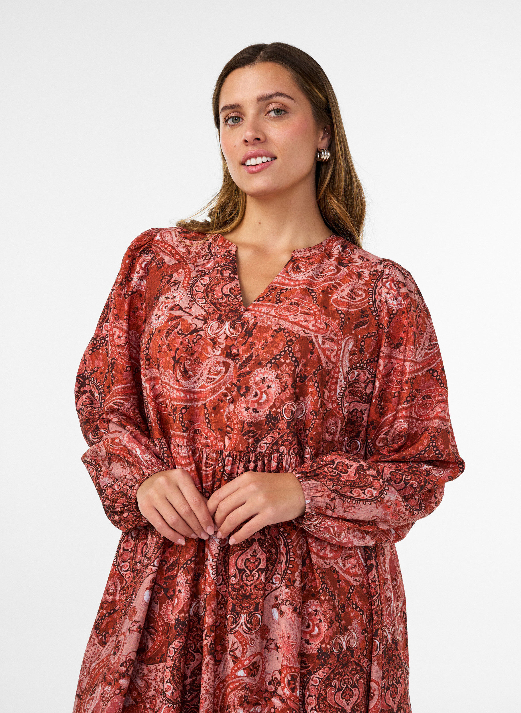 ZizziMidikjole i viskose med paisleyprint, Orange, Model image number 2