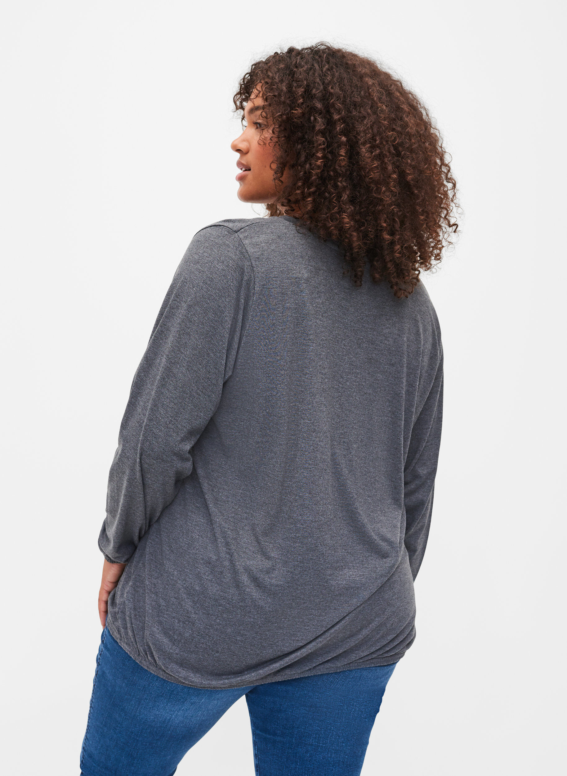 Zizzi Meleret bluse med lange &aelig;rmer og v-hals, Dark Grey Melange, Model image number 1