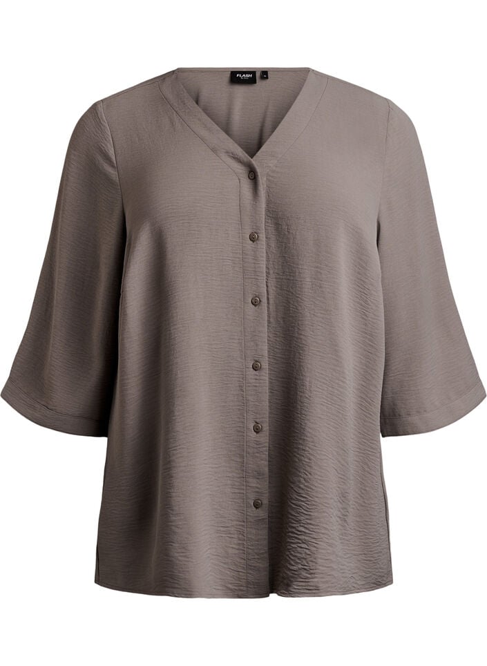Skjortebluse med V-udsk&aelig;ring og 3/4-&aelig;rmer, Beige, Packshot image number 0