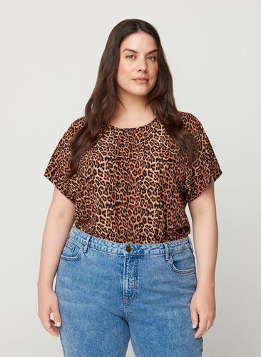Bluse med korte ærmer, Leopard AOP, Model image number 0