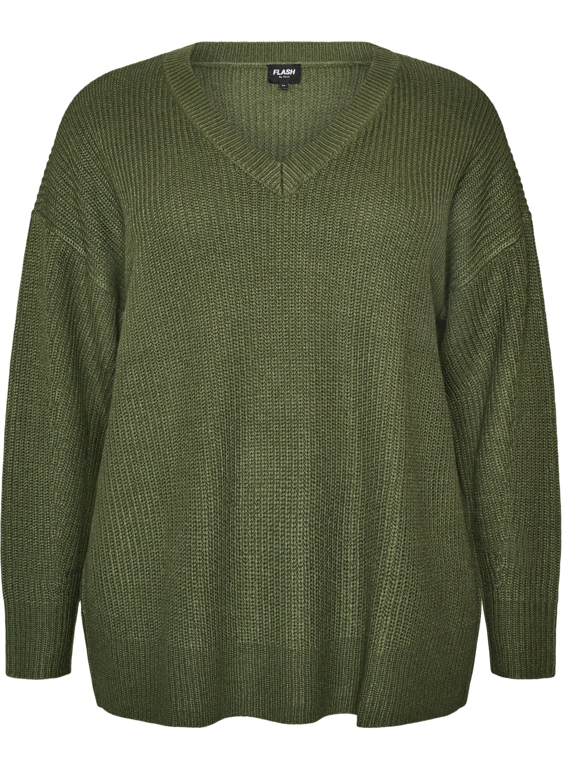 Lang ribstrikket bluse med V-hals