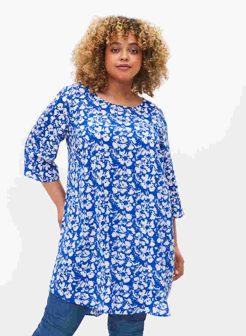 Printet kjole med 3/4 ærmer, Blue White Flower, Model image number 0