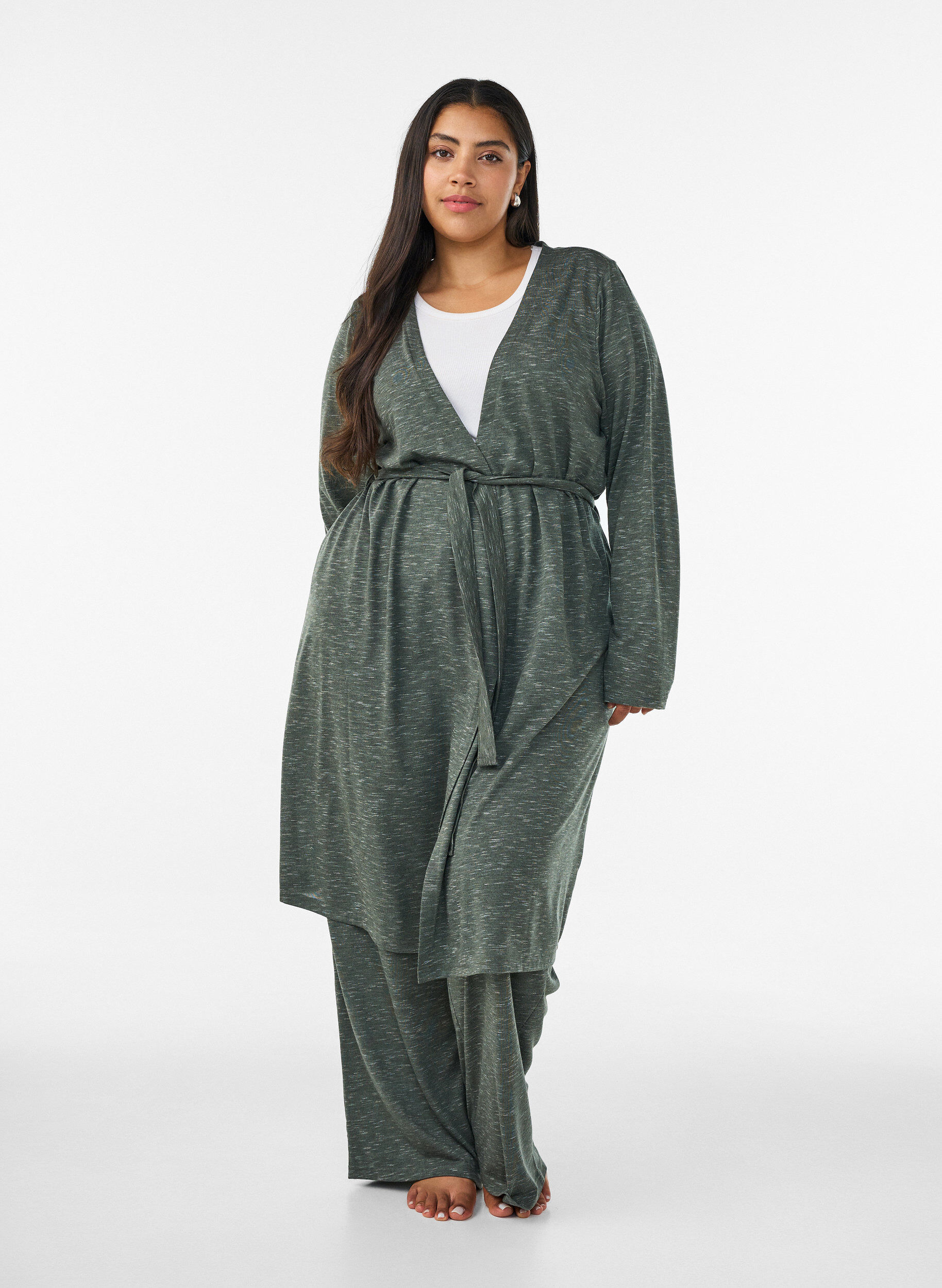 ZizziLang cardigan i jersey med bindeb&aring;nd, Gr&oslash;n, Model image number 0