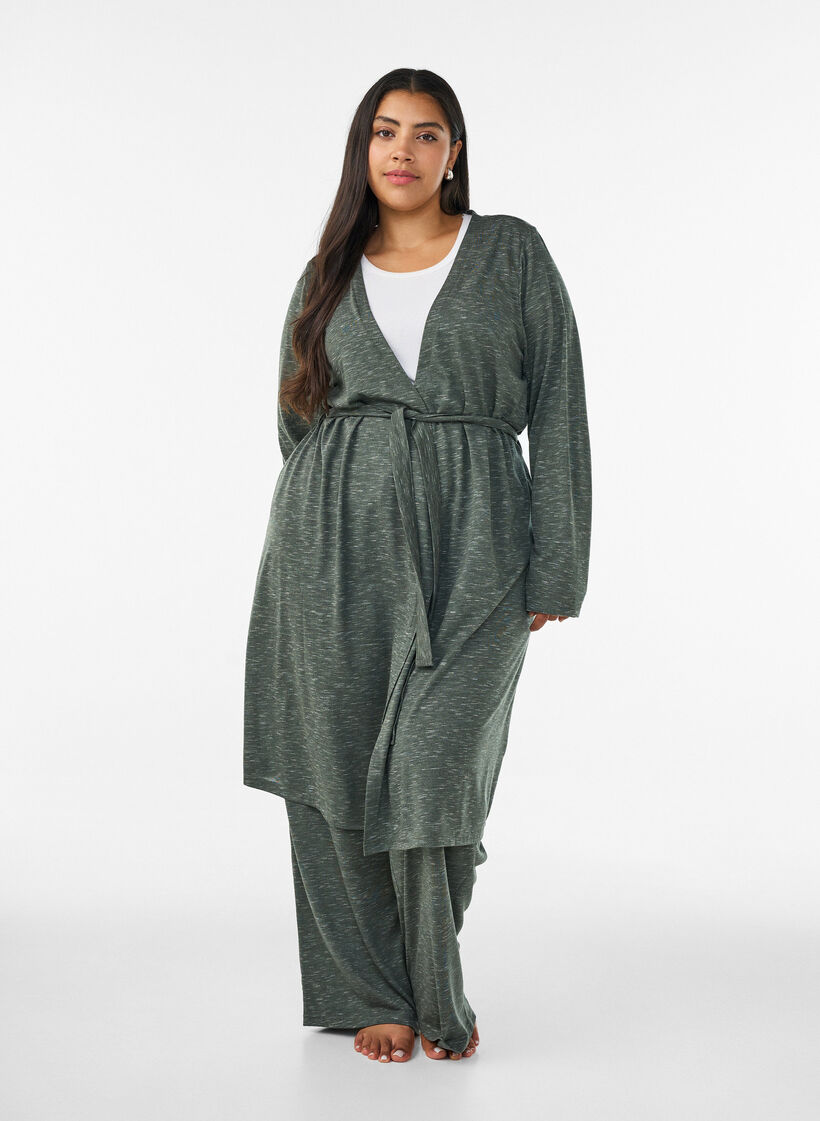 Lang cardigan i jersey med bindeb&aring;nd, Gr&oslash;n, Model image number 0