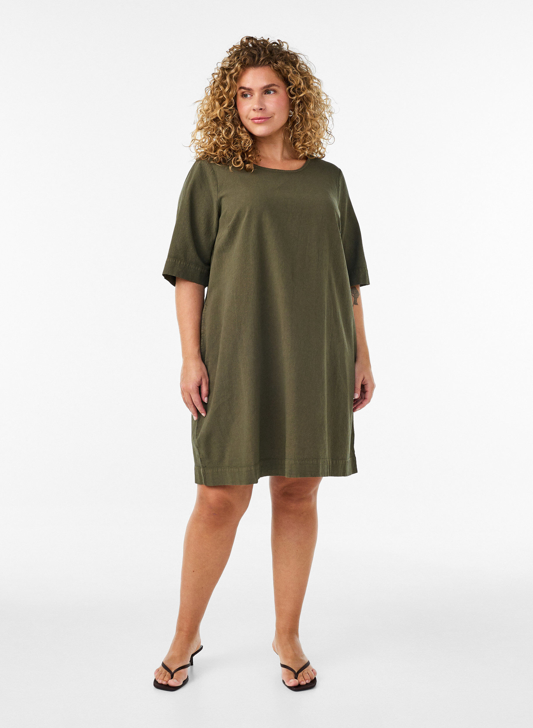 ZizziBomuldskjole med korte &aelig;rmer og lommer, Gr&oslash;n, Model image number 1