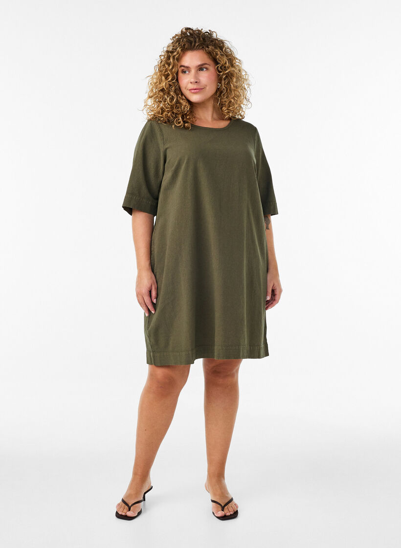 Bomuldskjole med korte &aelig;rmer og lommer, Gr&oslash;n, Model image number 1