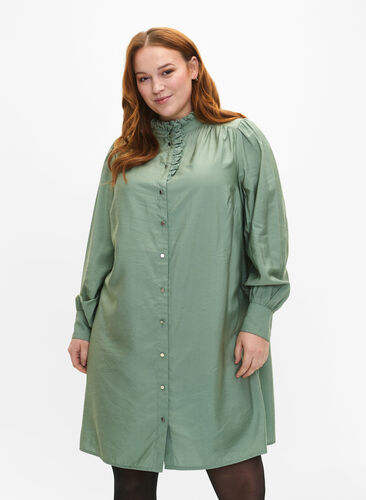 Skjortekjole i viskose med flæser, Green Bay, Model image number 0