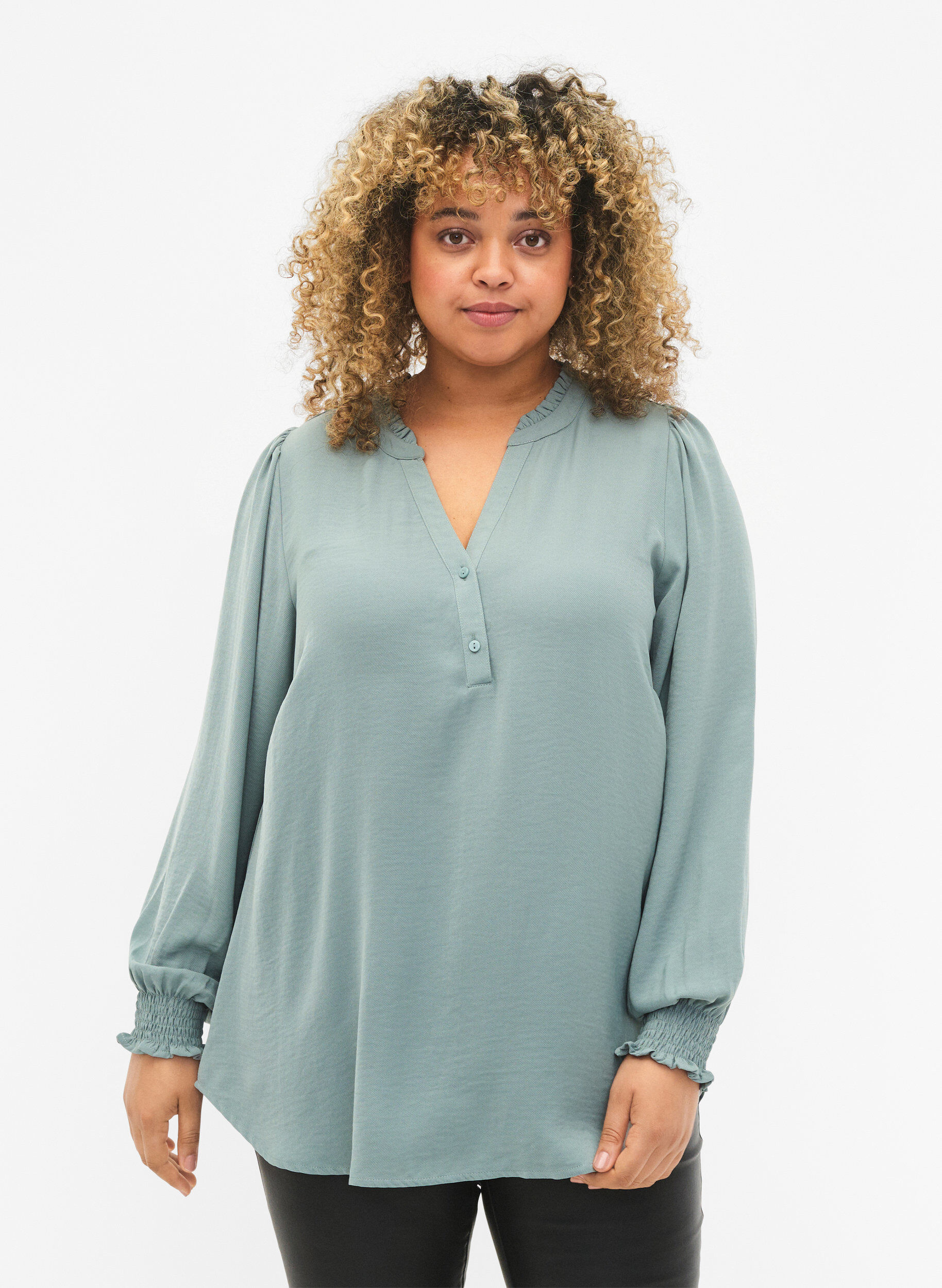 Zizzi Bluse med smock og v-udsk&aelig;ring, Chinois Green, Model image number 0