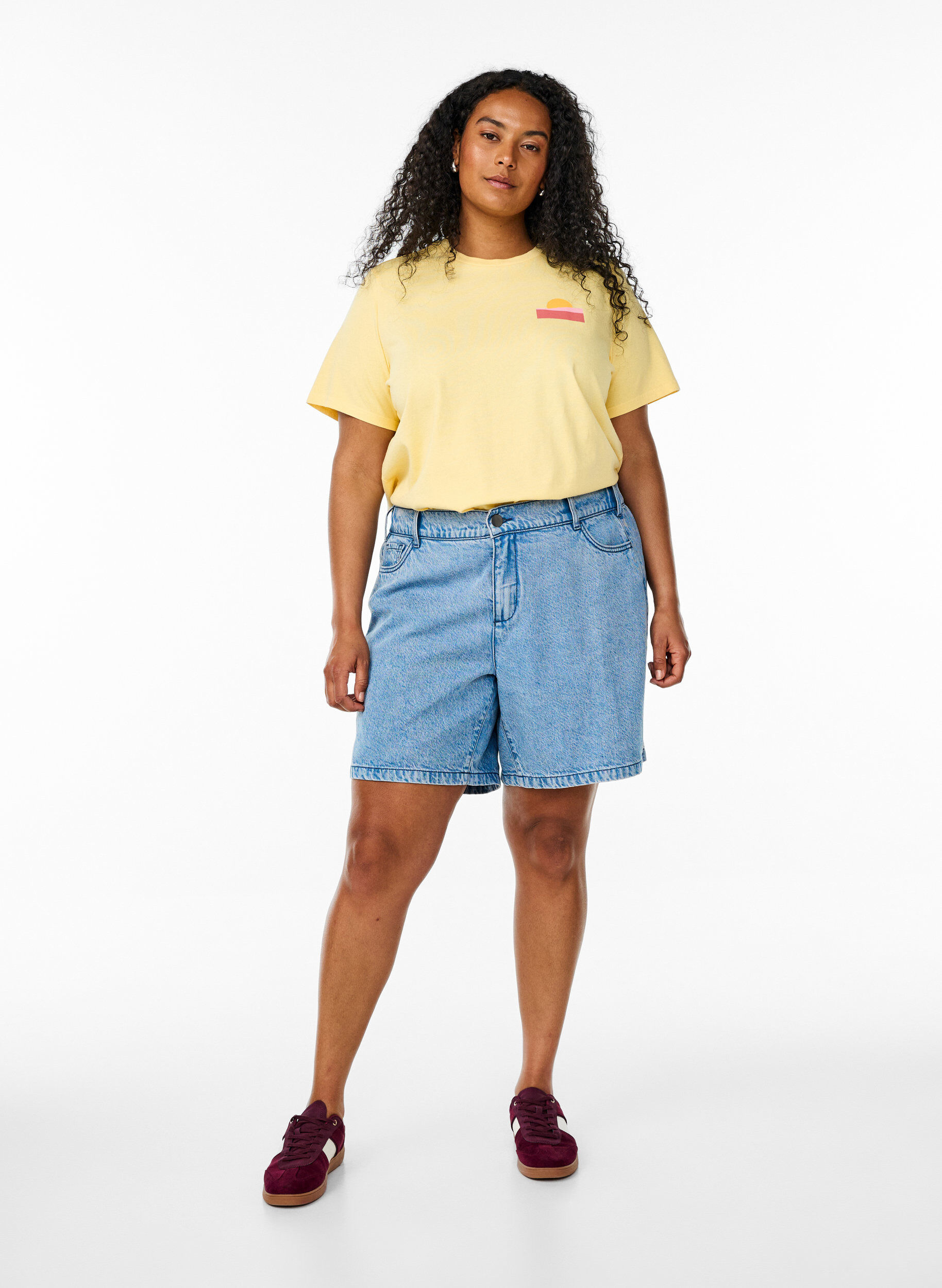 Zizzi T-shirt i &oslash;kologisk bomuld med rygprint, Gul, Model image number 1