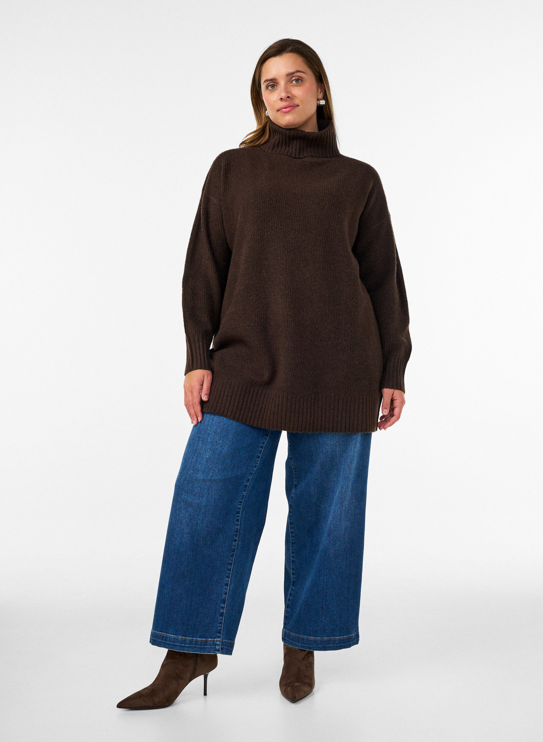 ZizziL&oslash;s strikbluse med rullekrave, Brun, Model image number 1