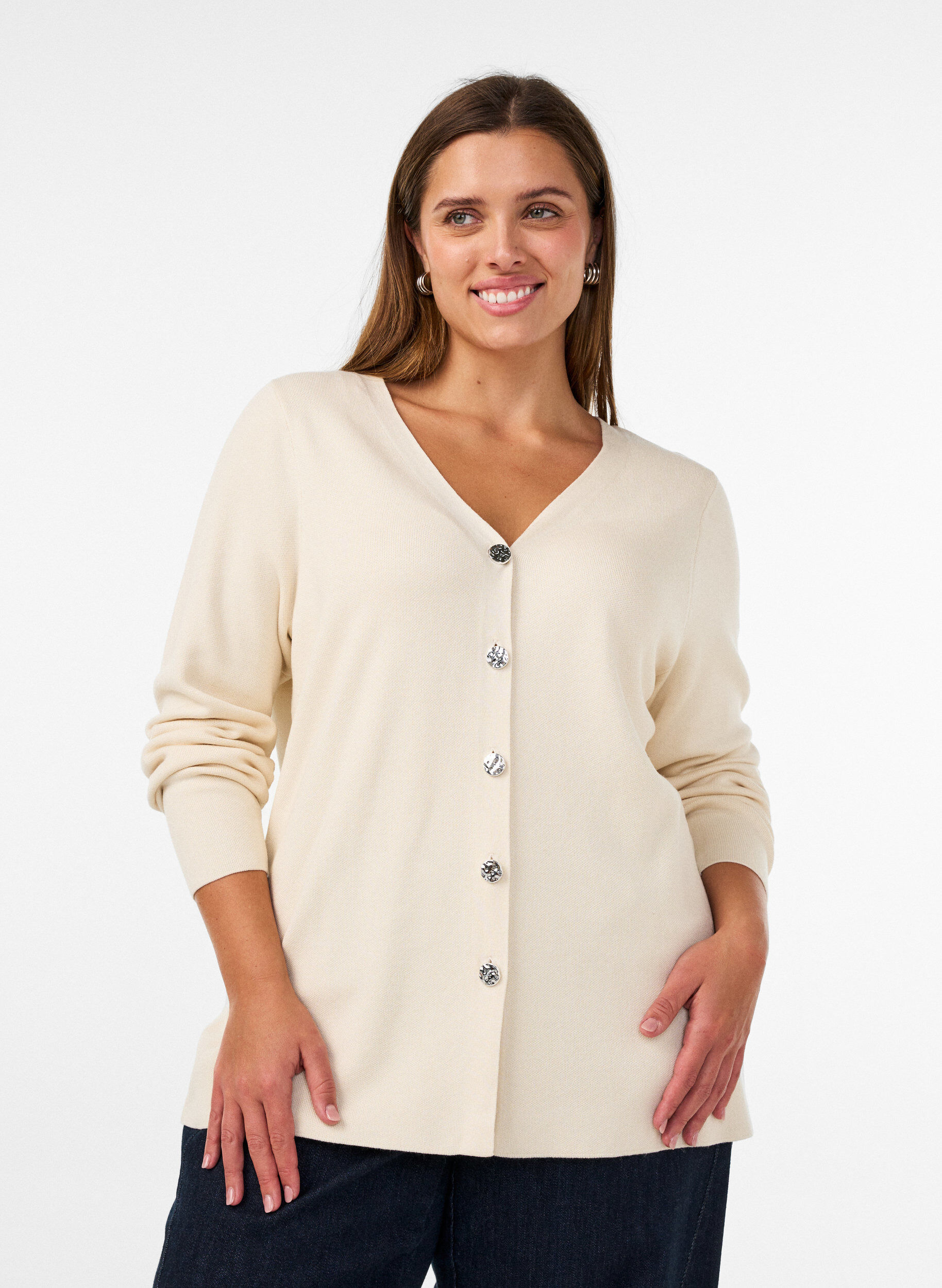 ZizziFinstrikket cardigan med dekorative knapper, Vanilla, Model image number 0