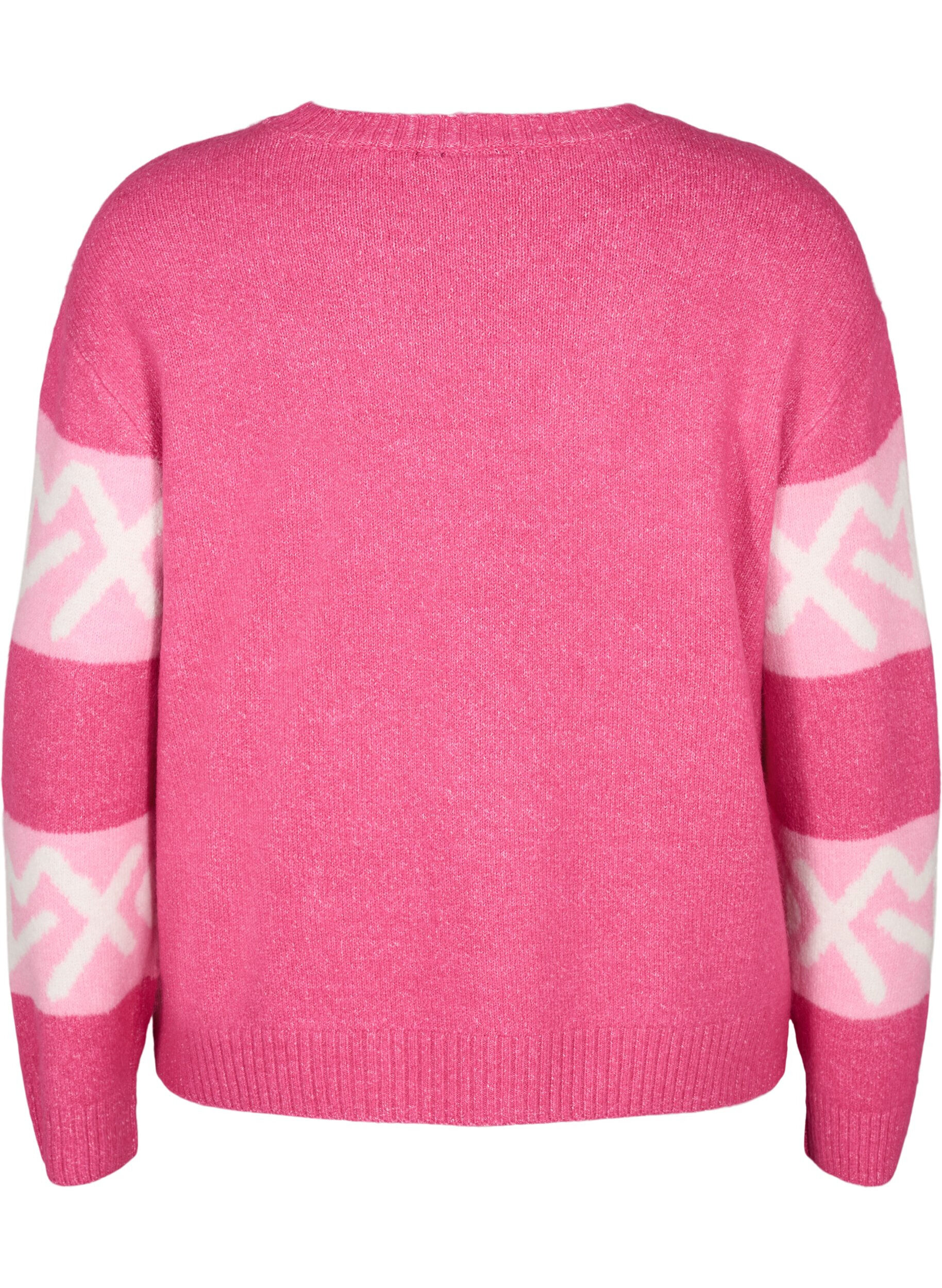 ZizziStribet strikbluse med grafisk m&oslash;nster, Raspberry Rose Comb, Packshot image number 1