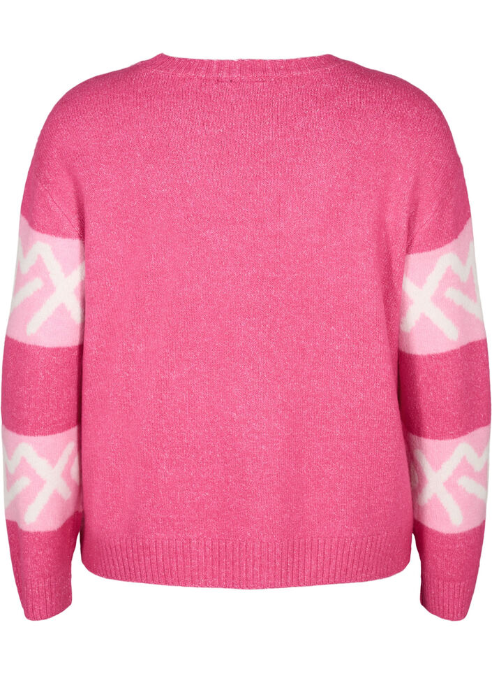 Stribet strikbluse med grafisk mønster, Raspberry Rose Comb, Packshot image number 1
