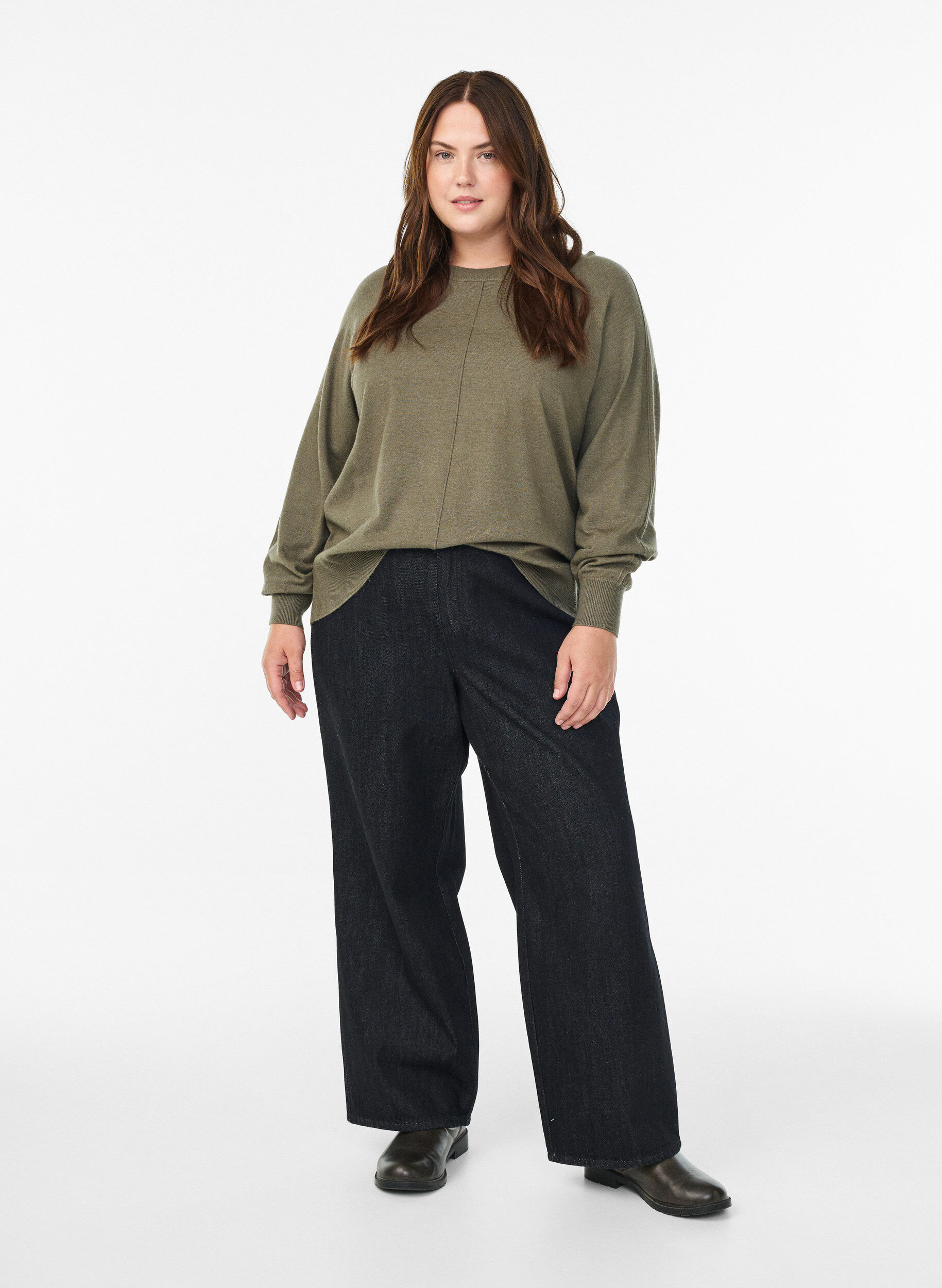 Zizzi Strikbluse med midters&oslash;m og raglan&aelig;rmer, Gr&oslash;n, Model image number 1