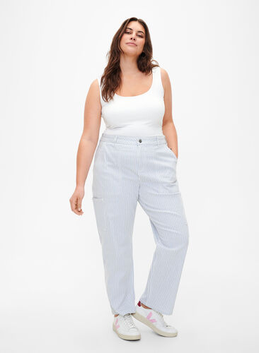 Stribede cargo jeans med straight fit, Blue White Stripe, Model image number 0