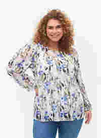 Printet bluse med lange ærmer, Blue Flower AOP, Model