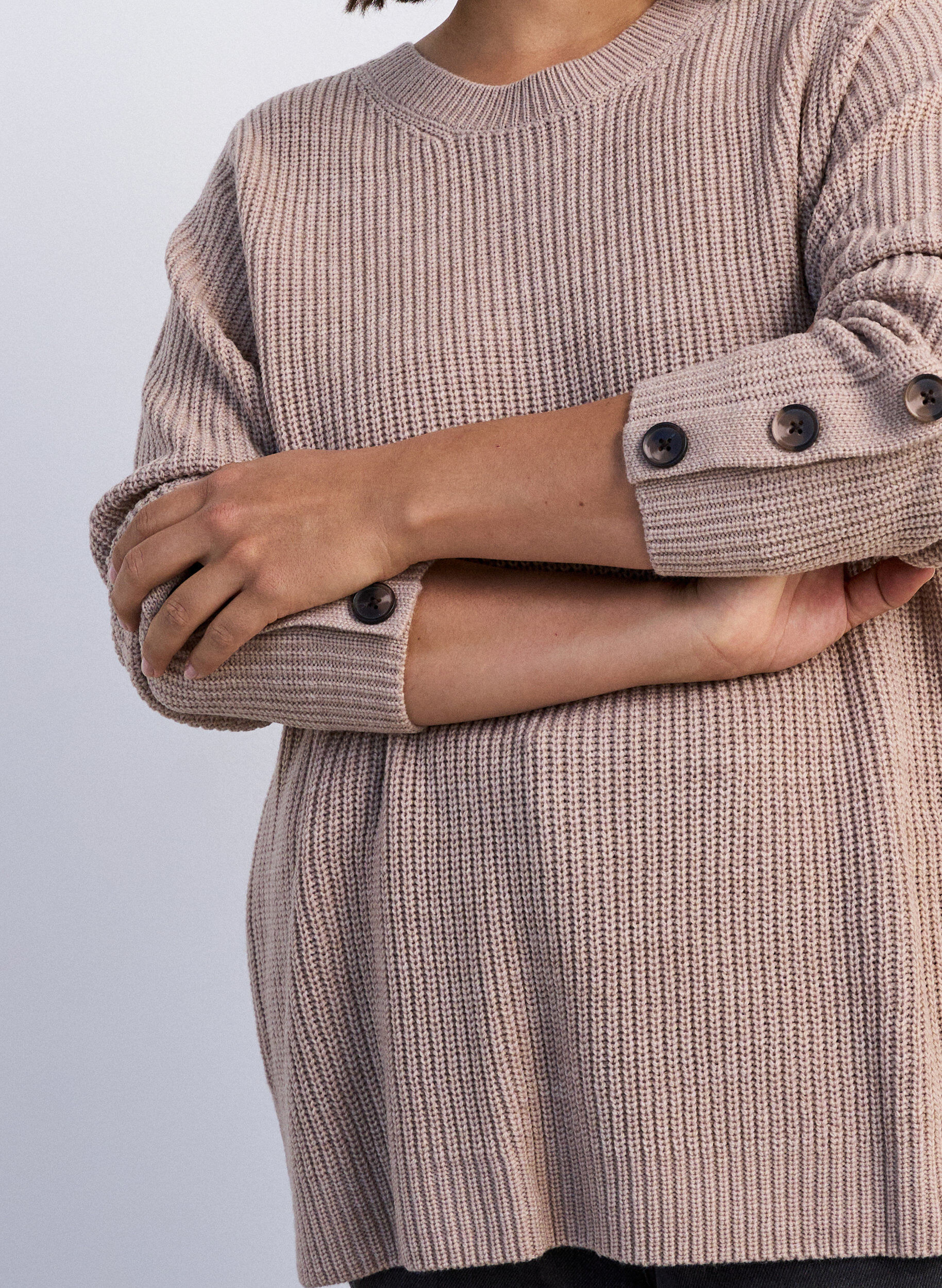 ZizziStrikbluse med ribstruktur og knapdetaljer, Beige, Model image number 3