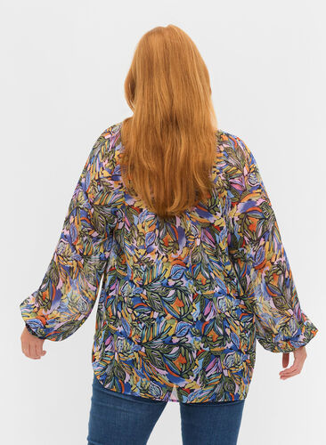 Langærmet bluse med bindebånd ved halsudskæring, Vibrant Leaf, Model image number 1