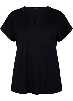 T-shirt med v-hals og brystlomme, Black, Packshot image number 0