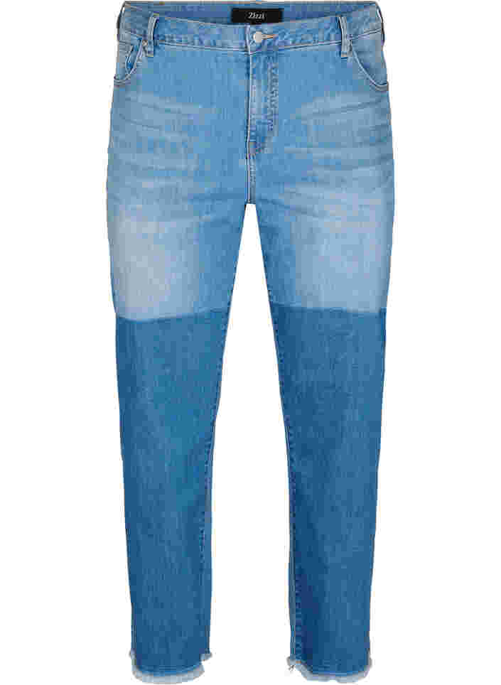 Cropped jeans med kontrast, Blue denim, Packshot image number 0