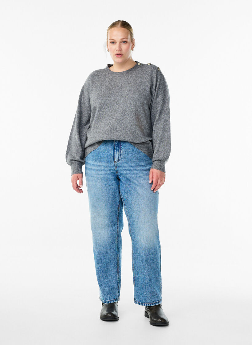 Strikbluse med knapdetalje, Grå, Model image number 1